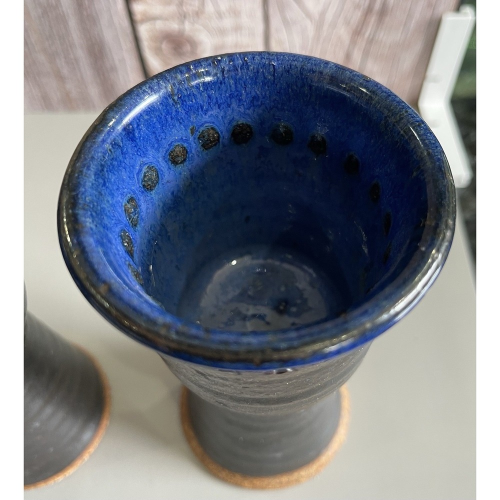 Handmade Studio Pottery Goblets Pair Gunmetal Cobalt Blue Stoneware Chalice 4oz - Picture 16 of 16